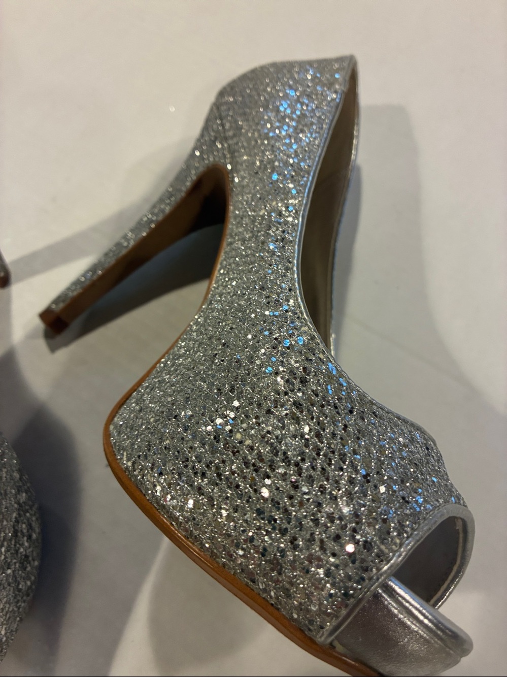 Aldo Silver Peep-Toe Rhinestone 4” Heels New Without Box
